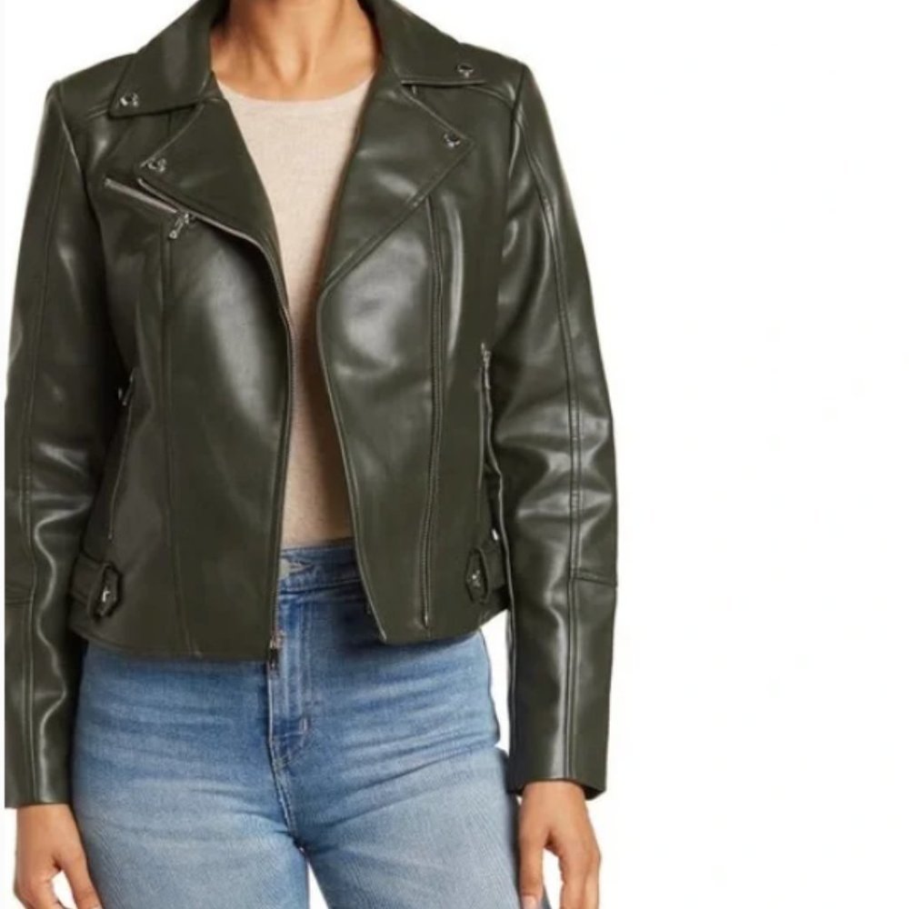 Sam Edelman Spruce Green Zip Pockets Faux Leather Moto Jacket Size Large